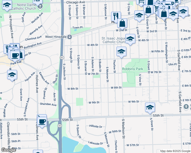 map of restaurants, bars, coffee shops, grocery stores, and more near 705 South Adams Street in Hinsdale