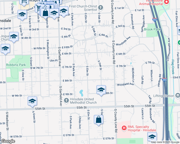 map of restaurants, bars, coffee shops, grocery stores, and more near 324 East 7th Street in Hinsdale