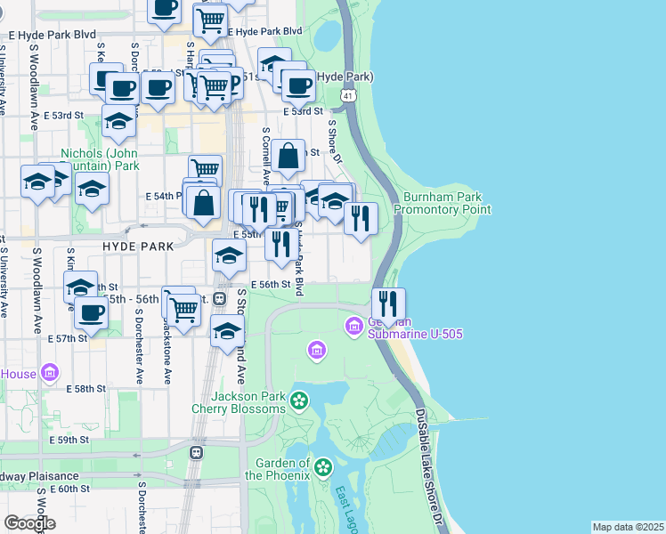 map of restaurants, bars, coffee shops, grocery stores, and more near 5541 South Everett Avenue in Chicago
