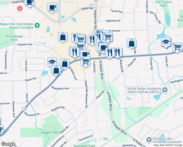 map of restaurants, bars, coffee shops, grocery stores, and more near 5S278 Tuthill Road in Naperville