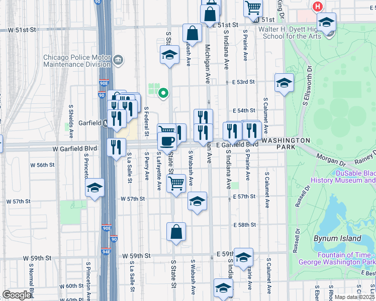 map of restaurants, bars, coffee shops, grocery stores, and more near 5504 South Wabash Avenue in Chicago