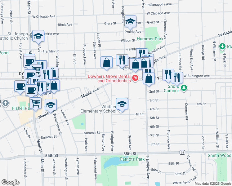 map of restaurants, bars, coffee shops, grocery stores, and more near 5125 Blodgett Avenue in Downers Grove