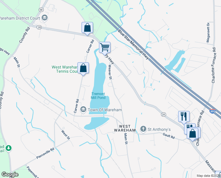map of restaurants, bars, coffee shops, grocery stores, and more near 28 Weaver Street in Wareham