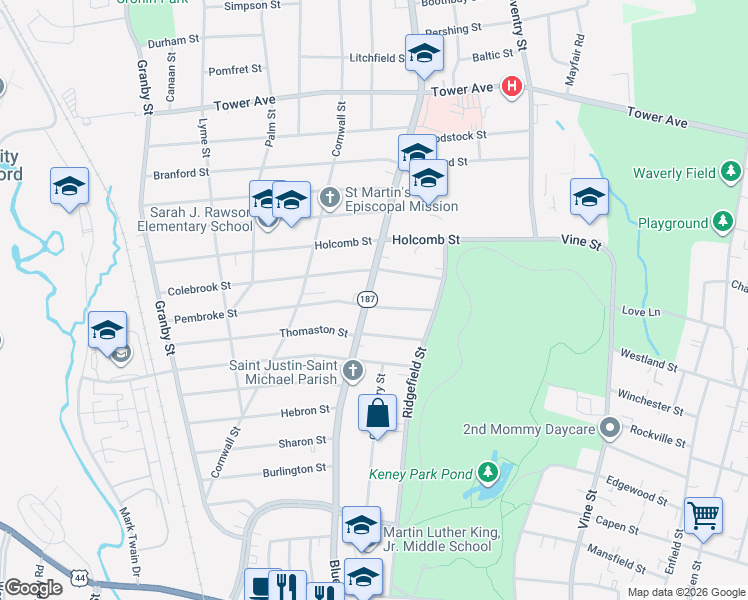 map of restaurants, bars, coffee shops, grocery stores, and more near 339 Blue Hills Avenue in Hartford