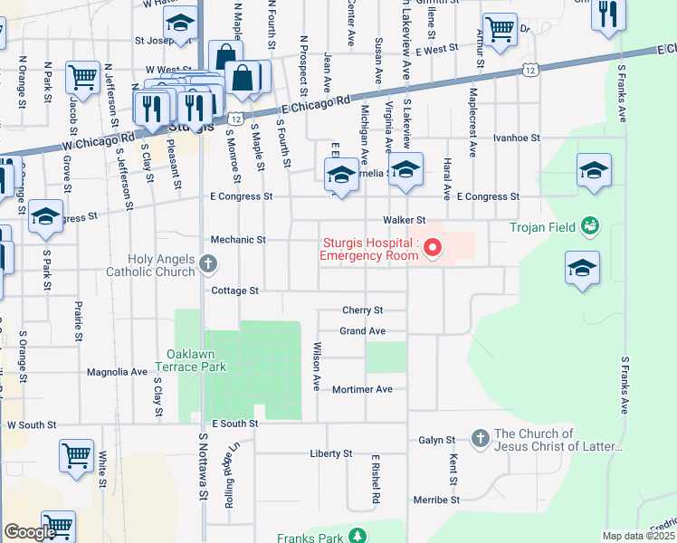 map of restaurants, bars, coffee shops, grocery stores, and more near 606 Myrtle Avenue in Sturgis
