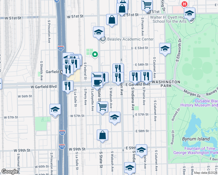 map of restaurants, bars, coffee shops, grocery stores, and more near 10 East Garfield Boulevard in Chicago