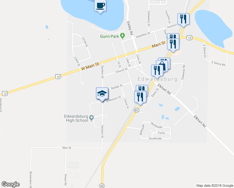 map of restaurants, bars, coffee shops, grocery stores, and more near 26902 Wilkinson Street in Edwardsburg