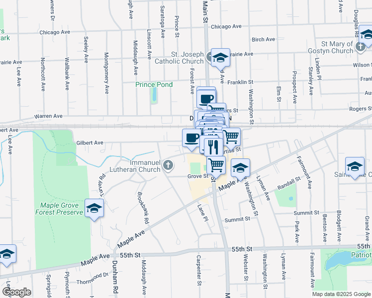map of restaurants, bars, coffee shops, grocery stores, and more near 5112 Forest Avenue in Downers Grove