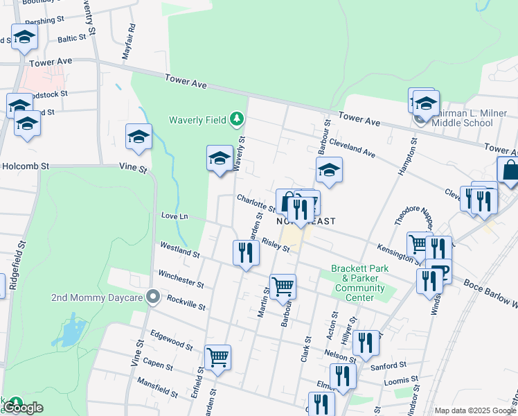 map of restaurants, bars, coffee shops, grocery stores, and more near 819 Garden Street in Hartford