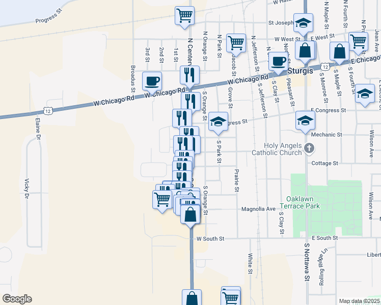 map of restaurants, bars, coffee shops, grocery stores, and more near 315 South Centerville Road in Sturgis