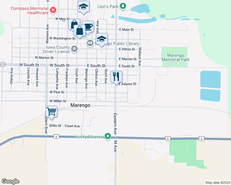 map of restaurants, bars, coffee shops, grocery stores, and more near 501 East Pine Street in Marengo