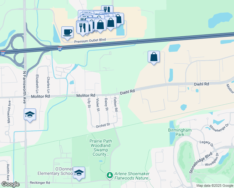map of restaurants, bars, coffee shops, grocery stores, and more near Molitor Road in Aurora