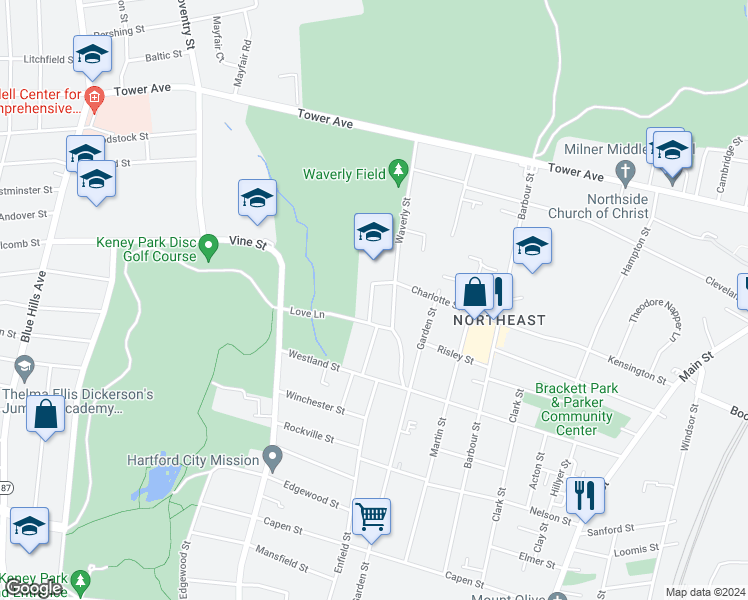 map of restaurants, bars, coffee shops, grocery stores, and more near 22 Harper Street in Hartford