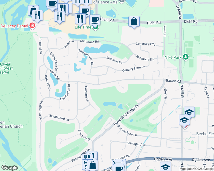 map of restaurants, bars, coffee shops, grocery stores, and more near 834 West Bauer Road in Naperville