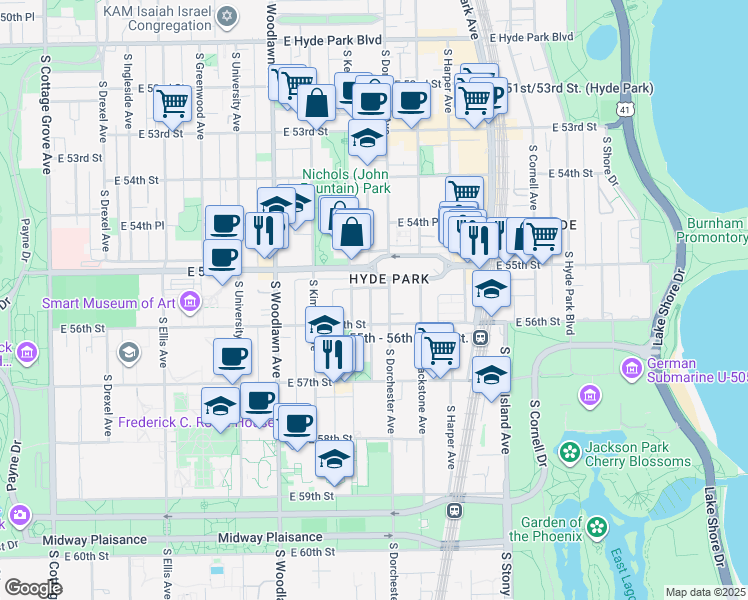 map of restaurants, bars, coffee shops, grocery stores, and more near 1363 East 55th Place in Chicago