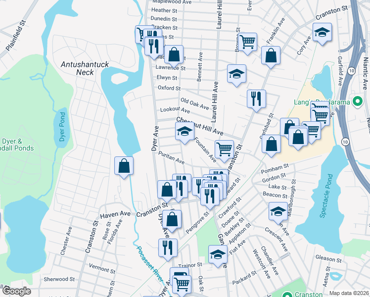 map of restaurants, bars, coffee shops, grocery stores, and more near 181 Princess Avenue in Cranston