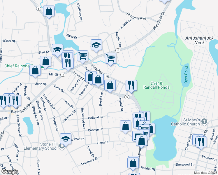 map of restaurants, bars, coffee shops, grocery stores, and more near 21 Garrison Street in Cranston