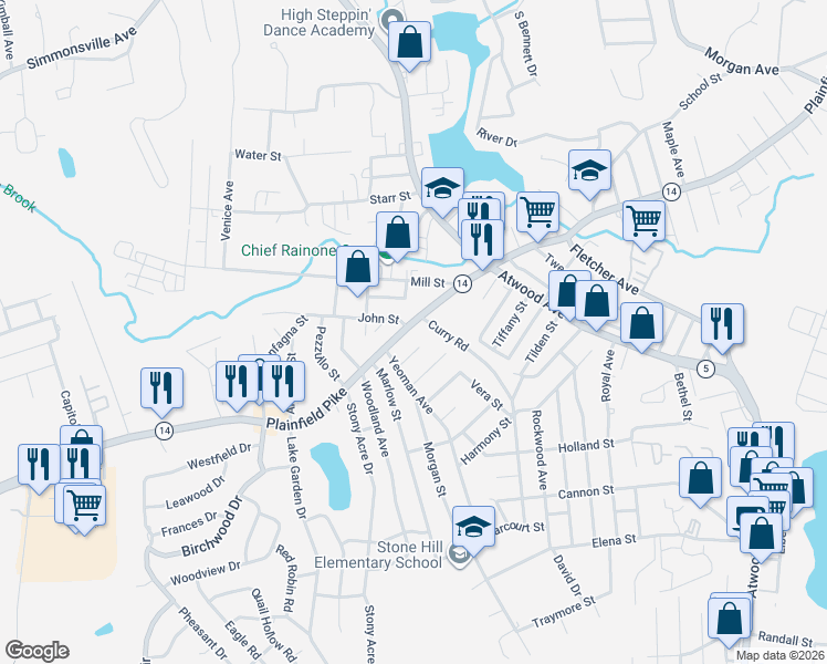 map of restaurants, bars, coffee shops, grocery stores, and more near 1437 Plainfield Pike in Johnston