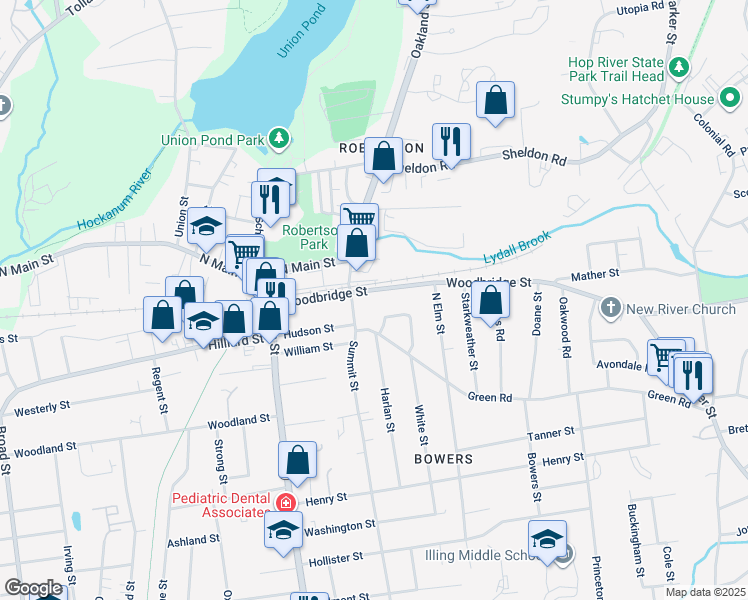 map of restaurants, bars, coffee shops, grocery stores, and more near 90 Woodbridge Street in Manchester