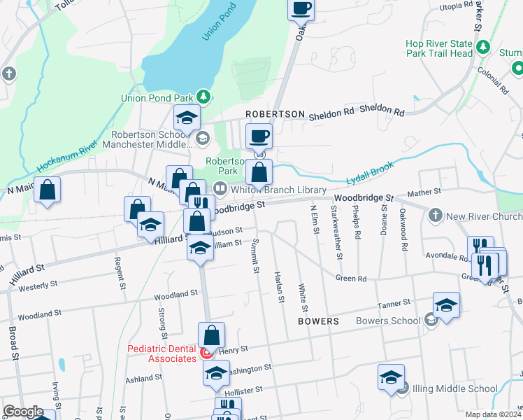 map of restaurants, bars, coffee shops, grocery stores, and more near 90 Woodbridge Street in Manchester