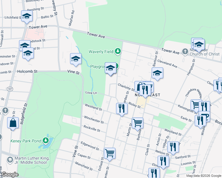 map of restaurants, bars, coffee shops, grocery stores, and more near 34 Harper Street in Hartford