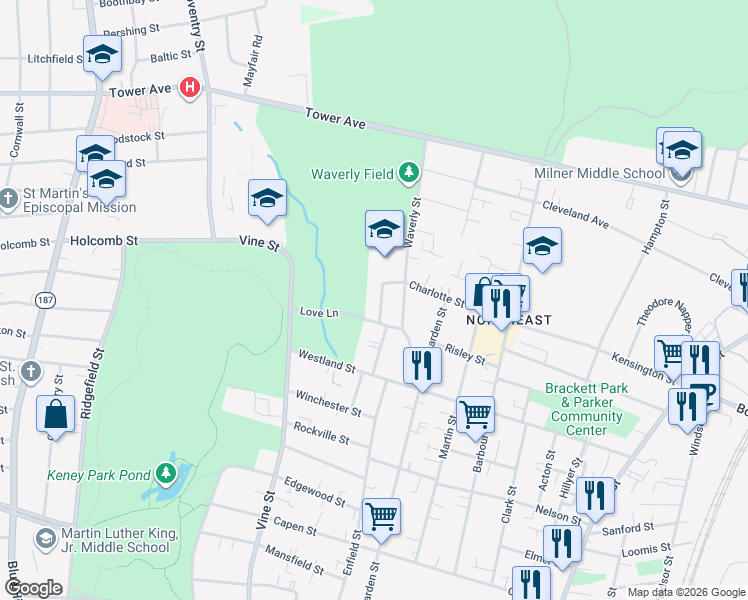 map of restaurants, bars, coffee shops, grocery stores, and more near 34 Harper Street in Hartford