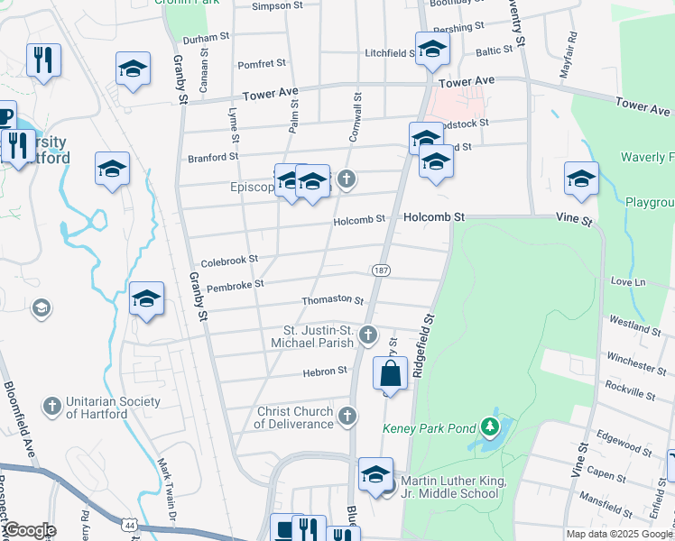map of restaurants, bars, coffee shops, grocery stores, and more near 111 Colebrook Street in Hartford