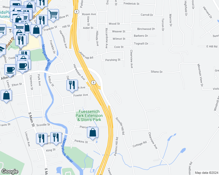 map of restaurants, bars, coffee shops, grocery stores, and more near 451 Harwinton Avenue in Torrington