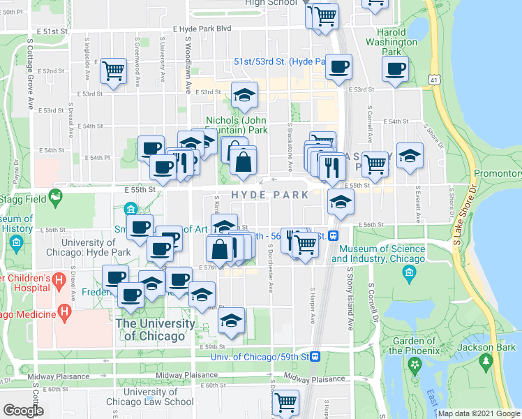 map of restaurants, bars, coffee shops, grocery stores, and more near 1363 East 55th Place in Chicago