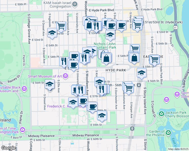 map of restaurants, bars, coffee shops, grocery stores, and more near 5522 South Kimbark Avenue in Chicago