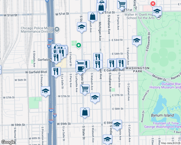 map of restaurants, bars, coffee shops, grocery stores, and more near 5504 South Wabash Avenue in Chicago