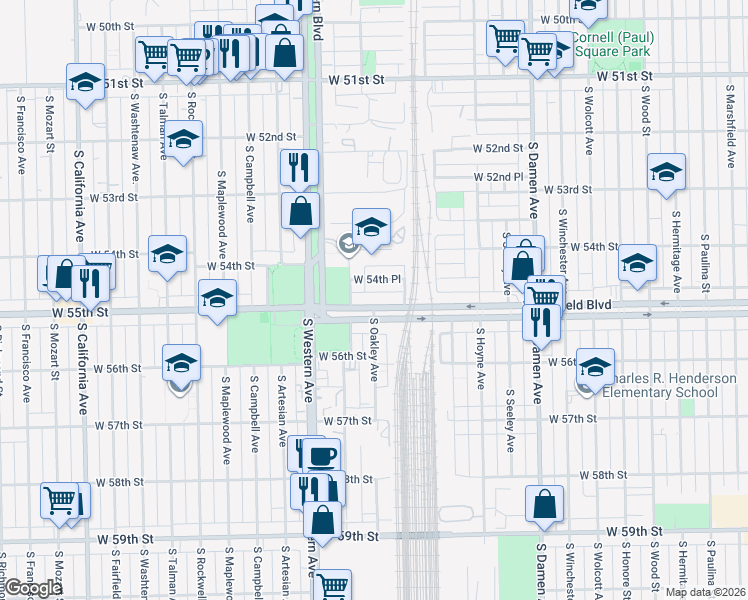 map of restaurants, bars, coffee shops, grocery stores, and more near 2233 West 54th Place in Chicago