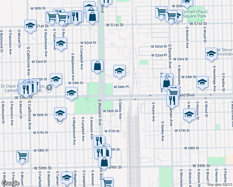 map of restaurants, bars, coffee shops, grocery stores, and more near 5435 South Claremont Avenue in Chicago