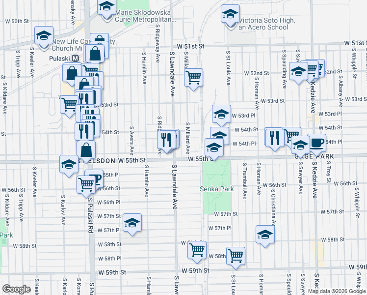 map of restaurants, bars, coffee shops, grocery stores, and more near 5423 South Lawndale Avenue in Chicago
