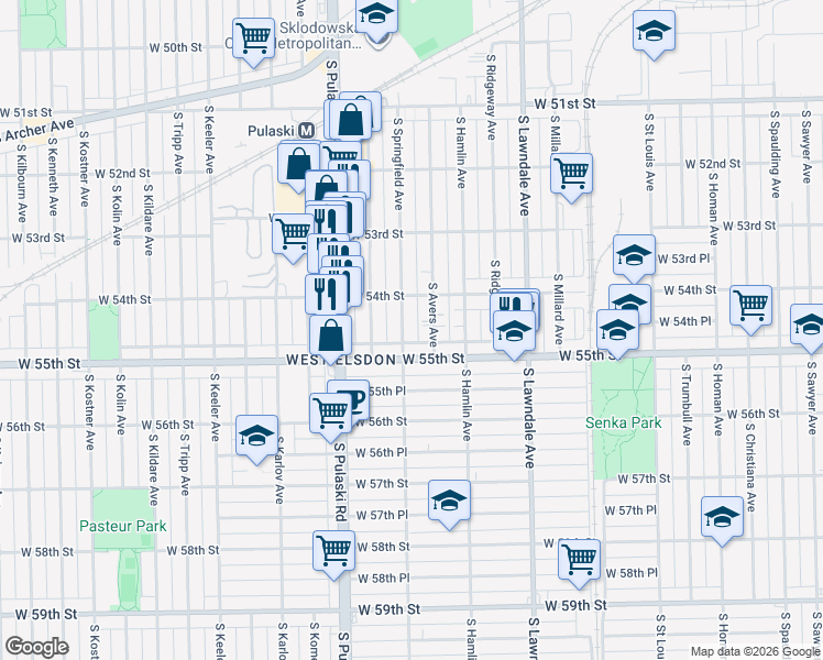 map of restaurants, bars, coffee shops, grocery stores, and more near 5418 South Avers Avenue in Chicago