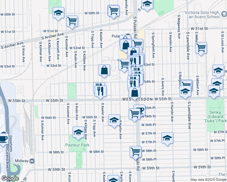 map of restaurants, bars, coffee shops, grocery stores, and more near 5414 South Karlov Avenue in Chicago