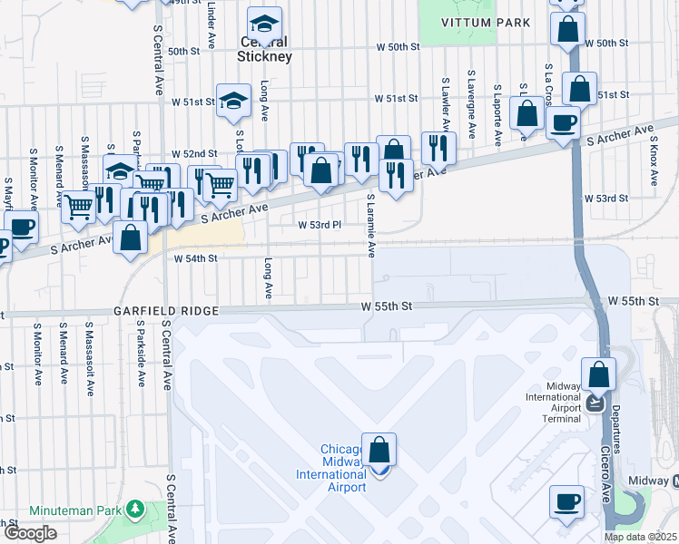 map of restaurants, bars, coffee shops, grocery stores, and more near 5405 South Lockwood Avenue in Chicago