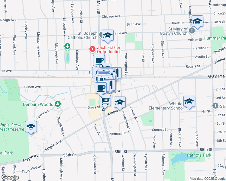 map of restaurants, bars, coffee shops, grocery stores, and more near 5128 Mochel Drive in Downers Grove
