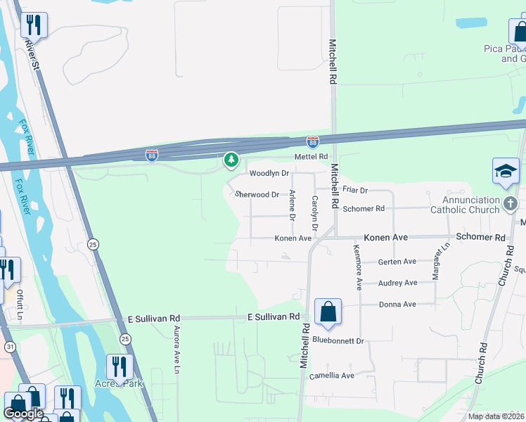 map of restaurants, bars, coffee shops, grocery stores, and more near 451 Sherwood Drive in Aurora