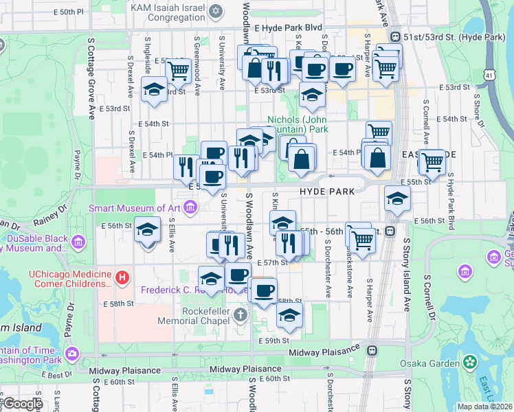 map of restaurants, bars, coffee shops, grocery stores, and more near 5522 South Kimbark Avenue in Chicago