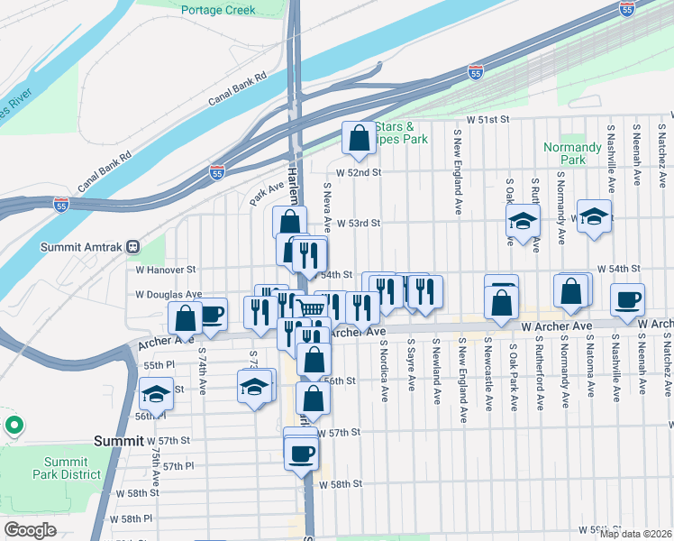 map of restaurants, bars, coffee shops, grocery stores, and more near 5344 South Nottingham Avenue in Chicago