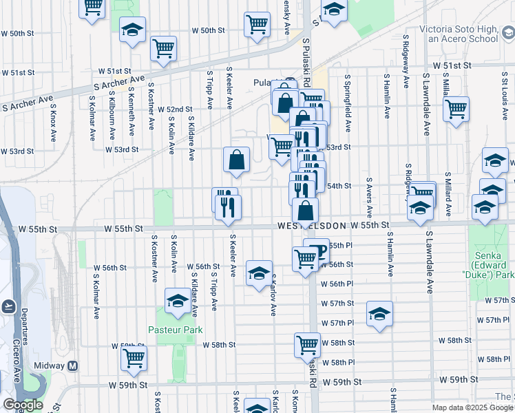 map of restaurants, bars, coffee shops, grocery stores, and more near 5414 South Karlov Avenue in Chicago