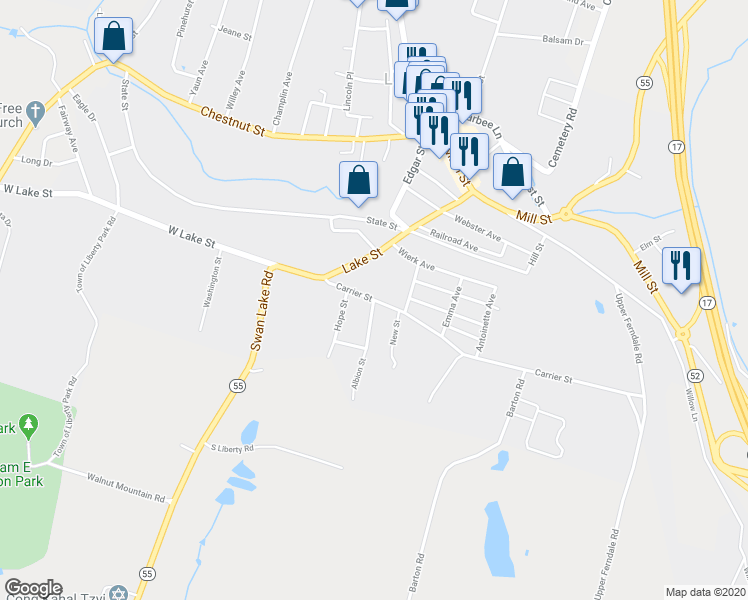 map of restaurants, bars, coffee shops, grocery stores, and more near Carrier Street & Albion Street in Liberty