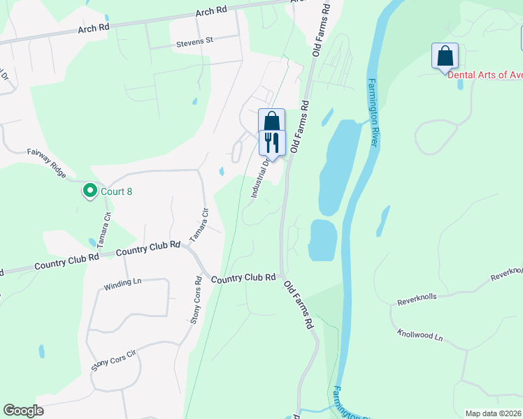 map of restaurants, bars, coffee shops, grocery stores, and more near 30 Industrial Drive in Avon
