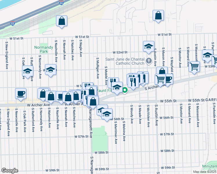 map of restaurants, bars, coffee shops, grocery stores, and more near 5401 South Mobile Avenue in Chicago