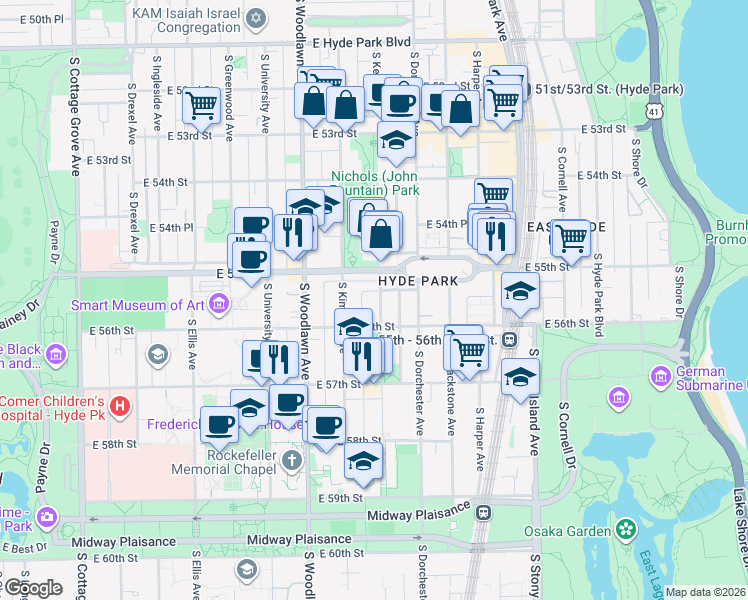 map of restaurants, bars, coffee shops, grocery stores, and more near 5532 South Kenwood Avenue in Chicago