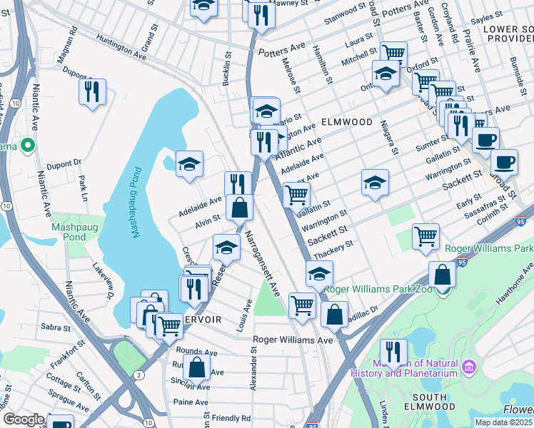 map of restaurants, bars, coffee shops, grocery stores, and more near 635 Elmwood Avenue in Providence