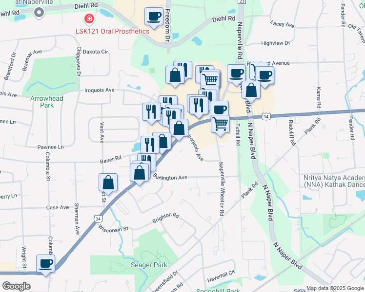 map of restaurants, bars, coffee shops, grocery stores, and more near 1220 Iroquois Avenue in Naperville