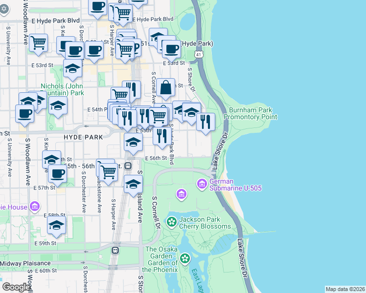 map of restaurants, bars, coffee shops, grocery stores, and more near 5536 South Everett Avenue in Chicago