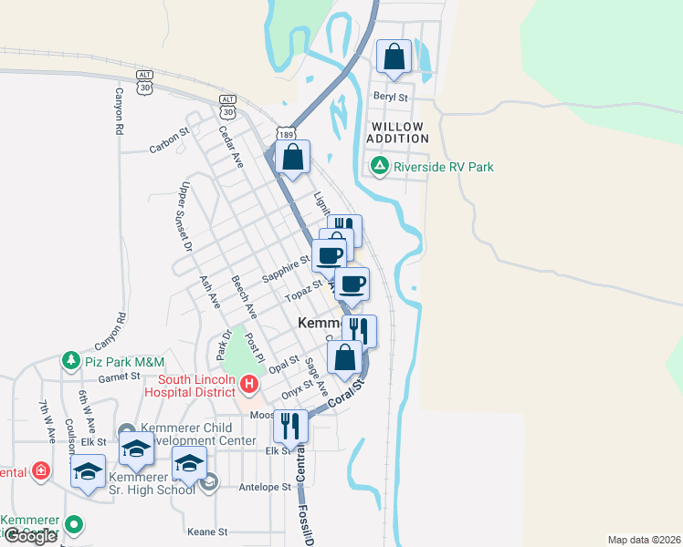 map of restaurants, bars, coffee shops, grocery stores, and more near 105 J C Penney Drive in Kemmerer